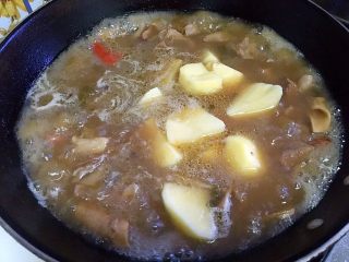 16、牛腩炖土豆,牛腩炖40分钟后放入土豆块，此时放盐调味，继续炖15分钟至汤汁浓稠。