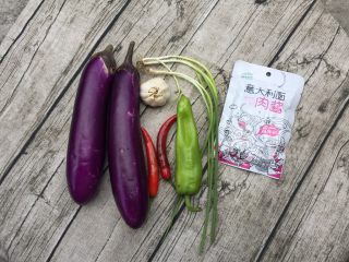 1、意式肉酱烤茄子,准备好所需食材:茄子、青辣椒、红辣椒、肉酱、蒜瓣、葱、生抽、食用油