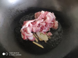 6、酱爆香菇木耳肉片,然后加入五花肉片,翻炒至肉片变白。