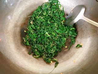 9、潮汕+炒麻叶,取适量麻叶，加入，炒匀。