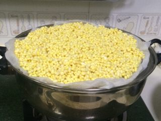 2、绿豆糕,锅内水烧开，把绿豆铺开在纱布上。