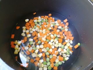 5、菠萝炒饭,然后将豌豆仁、玉米粒、和红萝卜丁放水里煮五分钟