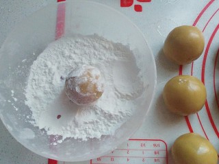 20、蔓越莓绿豆馅月饼（内附馅料做法）,然后放入淀粉中滚一圈，并抖去多余淀粉；