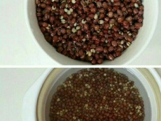 1、紫薯红豆饼,红豆和薏米提前10个小时用清水泡好。