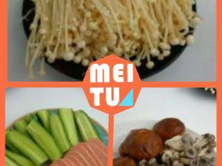 1、红烧牛肉火锅,金针菇洗净备用 香菇和精品蟹腿菇。黄瓜和午餐肉切片备用。