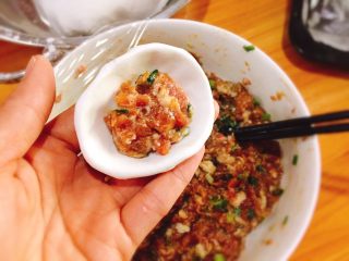 8、家乡美食+汤煮元宵,取适量糯米面团，搓成碗状，放入肉馅