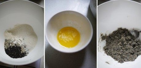 1、黑芝麻酥皮月饼,先将面粉放至不粘平底锅内炒熟。黑芝麻用擀面杖或料理机压碎后与砂糖、黑芝麻、炒熟的面粉混合,融化黄油分次加入料里拌匀即可。