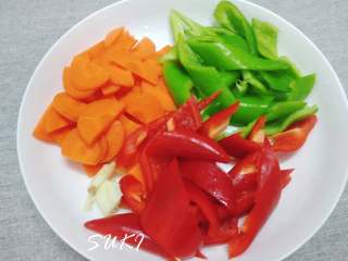 4、菠萝甜酸排骨,胡萝卜，青椒，红椒切片，蒜头拍扁