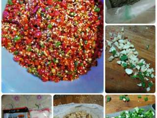 1、自制辣椒酱,选取新鲜红尖椒，晾晒几日，切碎；葱、蒜切碎；花生捣碎。