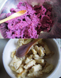 1、木糖醇山药&紫薯月饼,山药、紫薯去皮切小块，分别放入单独的碗中放蒸锅中蒸半小时至熟软，无需过筛，直接趁热捣成泥