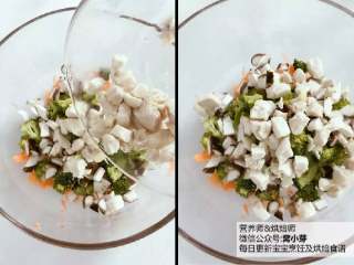 2、宝宝辅食:西兰花鸡肉烘蛋,准备一个大碗,混合 胡萝卜、西兰花、香菇丁、煮熟的鸡肉丁。