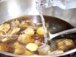 9、陈皮糖醋排骨,再放入姜片，倒入清水没过排骨