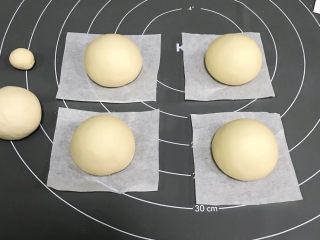 6、粽子表情包馒头,把面团先分出5克（表情）和35克（粽叶），其余的均分成4个约50克（粽子包）的小面团，依次滚圆。