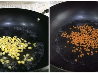 9、培根口蘑田园披萨,掰好玉米粒,切好胡萝卜粒,下锅煮一会,然后沥干水份备用。