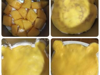 13、小熊千层,我一共做了9层饼皮,是我锅太大了吗?还是我技术不好不够薄吧,哈哈,两层奶油皮,第三层是奶油加芒果,以此类推