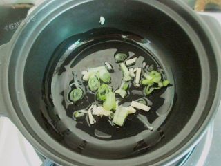 5、肉沫茄子煲,砂锅里抹一层油，放入葱花蒜末垫底