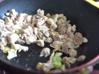 8、日式鸡肉饭,倒入鸡肉翻炒。