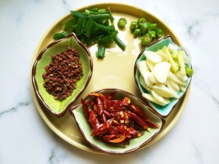 9、干煸辣子鸡丁,生姜切丝，大蒜切片，杭椒切圈，干辣椒切丝，香葱切段。