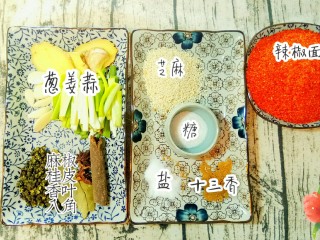 1、自制油辣子,先将所需材料准备好。糖单独放起来，最后一步才会用到它。粉料，香料分开放置。