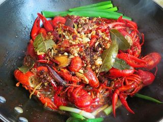 12、麻辣啤酒小龙虾,加入葱段和盐，盖上锅盖煮10分钟左右，汤汁稍微浓稠即可