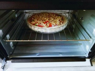 12、独家秘方披萨,烤箱190度预热5分钟,披萨盘放入烤箱中层的烤网上,烤20分钟,注意观察颜色,(可以根据自家烤箱温度另定时间和温度。)