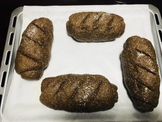 11、可可坚果全麦面包,表面划口。烤盘铺上油纸,放入烤盘,松弛至1.5倍—2倍大