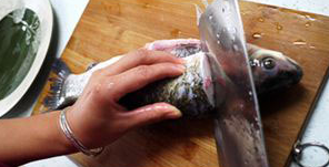 1、豆花鱼片,草鱼提前收拾干净，从鱼头处下刀，横着将鱼背整片肉片下，再翻过来，片下另一边的鱼肉。