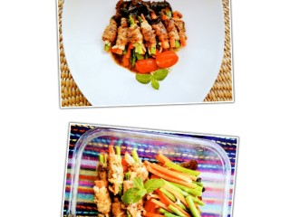 9、五色牛肉卷和豆腐羹,牛肉的香与青椒黄瓜条的脆,沾一点鲜美的牛肉汤汁,搭配米饭,包你吃得停不下口,而且营养丰富哦。