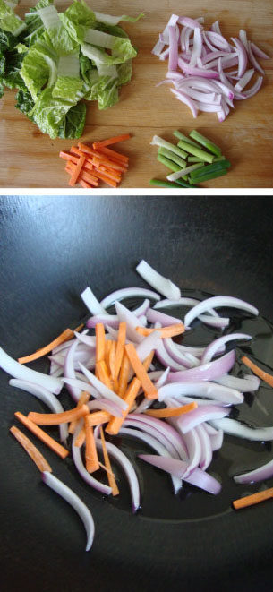 2、辣炒年糕,先用油把洋葱、胡萝卜爆香