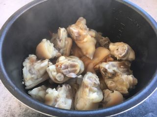 7、美容养颜养生菜 黄豆煲猪手,放入焯过水的猪手。