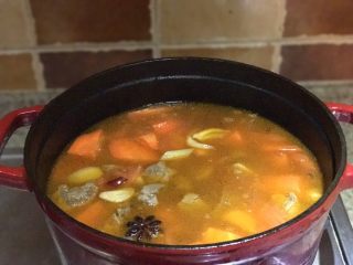 11、番茄胡萝卜炖牛腩，不要吃太撑哦,加入胡萝卜块、盐及冰糖搅拌均匀