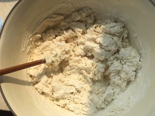 4、韭菜盒子,拿捏不准水量的就一点点的加 搅拌