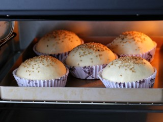 8、芝士肉排汉堡,将汉堡胚放温暖处再次发酵至原来的两倍大，烤箱提前170度预热，把烤盘放入中层烤约20分钟