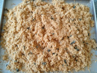 19、自制海苔肉松,把刚做好的肉松倒入烤盘晾凉 装保鲜盒即可。