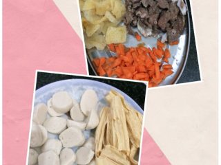 1、杂烩汤,把所有材料切成如图，备用。