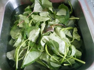 2、红薯叶馒头,泡在水池加盐清洗干净。