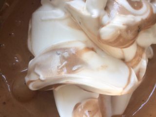 8、家有烤箱+hello kitty可可慕斯(附戚风蛋糕),再把剩下的蛋白糊全部倒入可可糊中，继续翻拌均匀，不要过度，否则容易消泡。