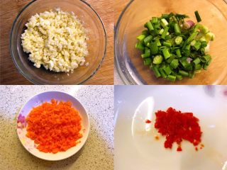 3、蒜蓉蒸生蚝,剁姜蒜蓉、胡萝卜蓉、辣椒蓉、切葱花