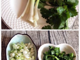 2、手工白丸子,香菜、蒜苗洗净,蒜苗只用白色部分,切碎