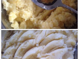 2、土豆泥（三味道）,放盆里，混合麻油少许，再用勺压成泥。尽量弄细不带颗粒那种。