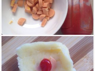 3、土豆泥（三味道）,准备蕃茄酱与玉米火腿肠，玉米火腿肠切丁，土豆泥弄平放一颗火腿肠丁加一点番茄酱，手握成丸子。像揉汤圆一样揉丸子。