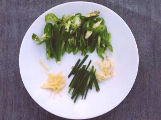 4、红烧茄子,将青椒洗净切丝,将葱切段,将生姜切丝,大蒜切碎