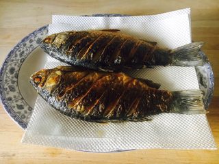 8、#感恩节食谱# 红烧鲫鱼,煎好的鱼沥一下油。 最传统的沥油方法是把鱼放在笊篱上沥油。 我的这个方法也不错吧。