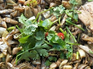 22、和和美美酸爽芋荷炒鱼干,撒香菜段。