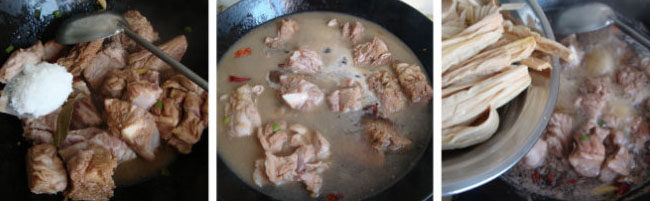 5、腐竹豆皮烧排骨,加热水，开后去沫，放入腐竹、豆腐皮，盖盖中火焖烧30分钟左右