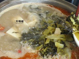 12、特色螺蛳斑鱼锅丨大嘴螺,待鱼汤沸腾后放入之前沥干水的酸菜