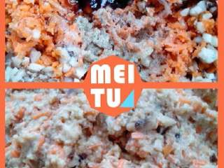 3、胡萝卜香菇圆子,加入调料，鸡蛋，馒头末和面粉搅拌均匀，不能太稀，自己掌握能攥成圆子就行。