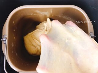 4、健康早餐首选的小麦胚芽餐包,拉出一小块面团，可以轻松拉出手膜。