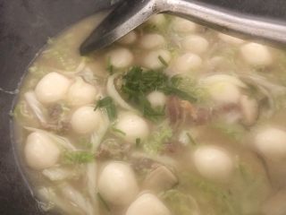 20、肉菜咸汤圆2,汤圆煮熟后，出锅前加入葱花。