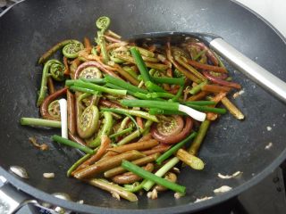 11、虾干炒蕨菜,放葱段